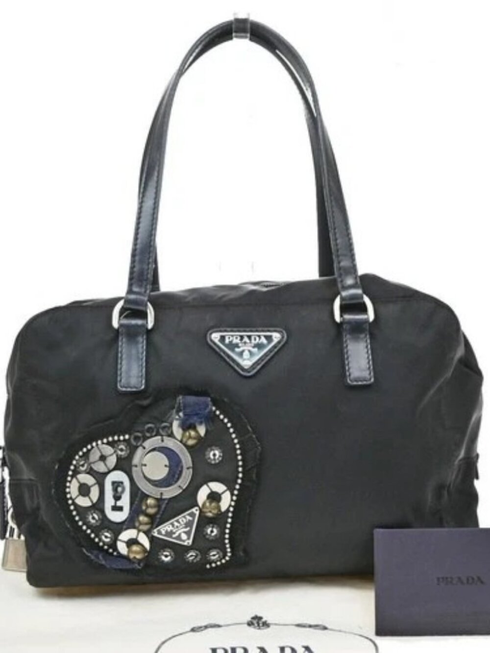 PRADA Logo Prada Evening Tessuto Hand Bag Nylon Leather Black italy 33KD381